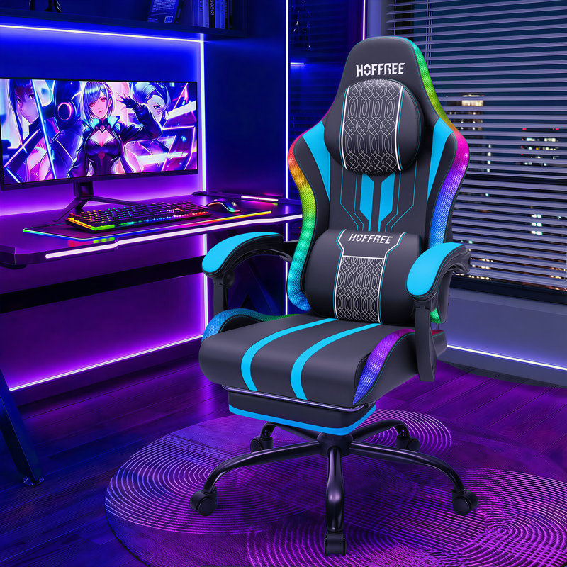  Ergonomic Gaming Chair with Speakers RGB LED Lights and Massage, Blue