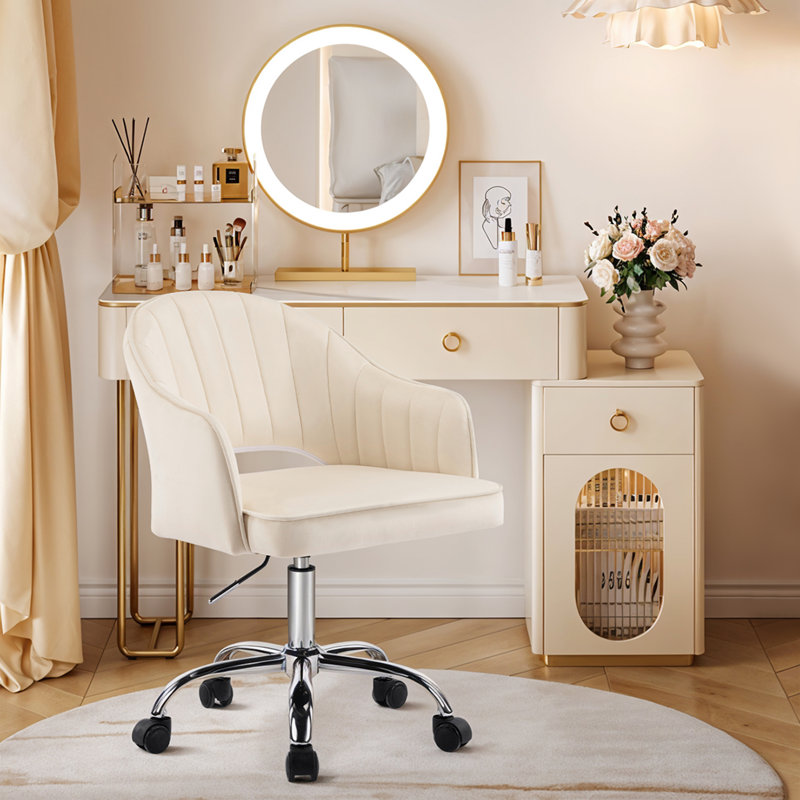 Modern Swivel Velvet Upholstered Office Chair with Armrests, Cream