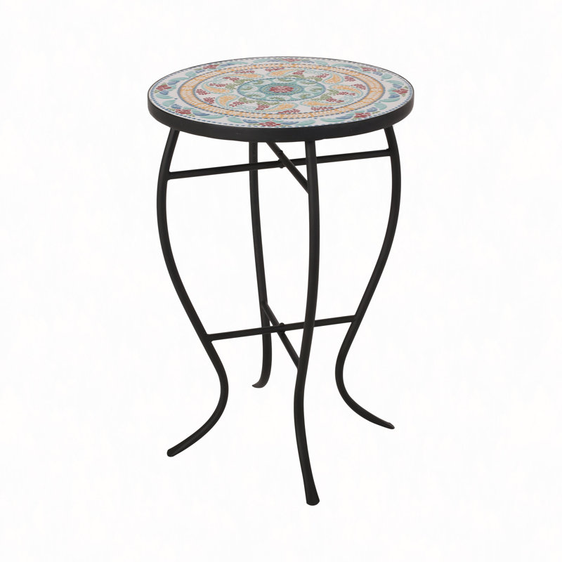 Transitional Outdoor Accent Table - Powder-Coated Metal Frame & Tile Mosaic Top - 14" Minimalist Patio Side Table