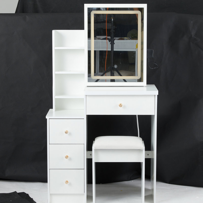Table de meuble-lavabo blanche à gauche, avec miroir à DEL tactile, luminosité réglable et 3 options de couleur, tabouret rembourré inclus, convient aux petites pièces et