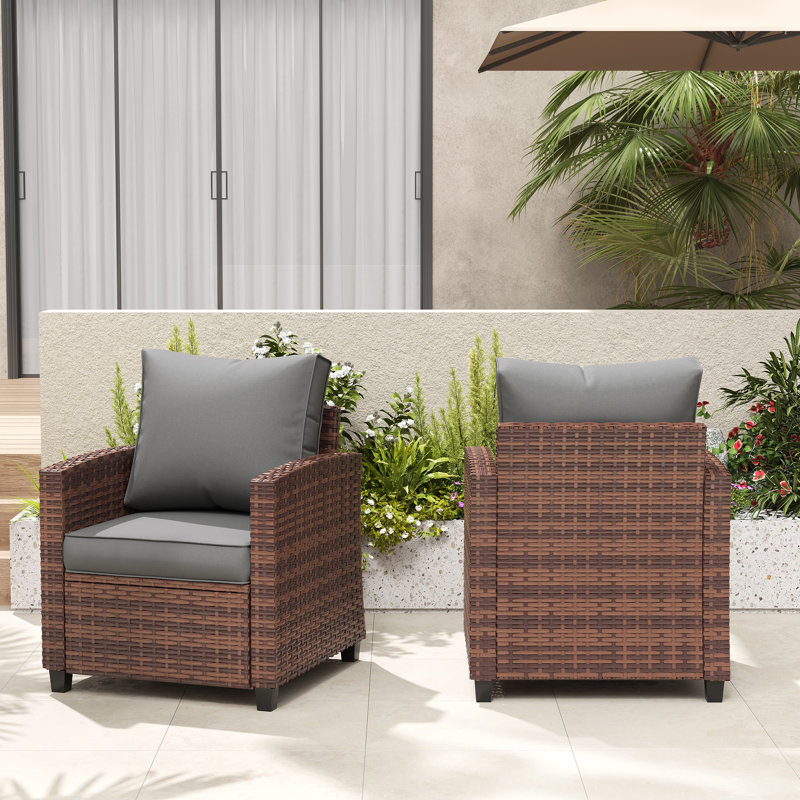  Samya Wicker Outdoor Lounge Chair With Cushions, Brown Frame/Gray Cushion