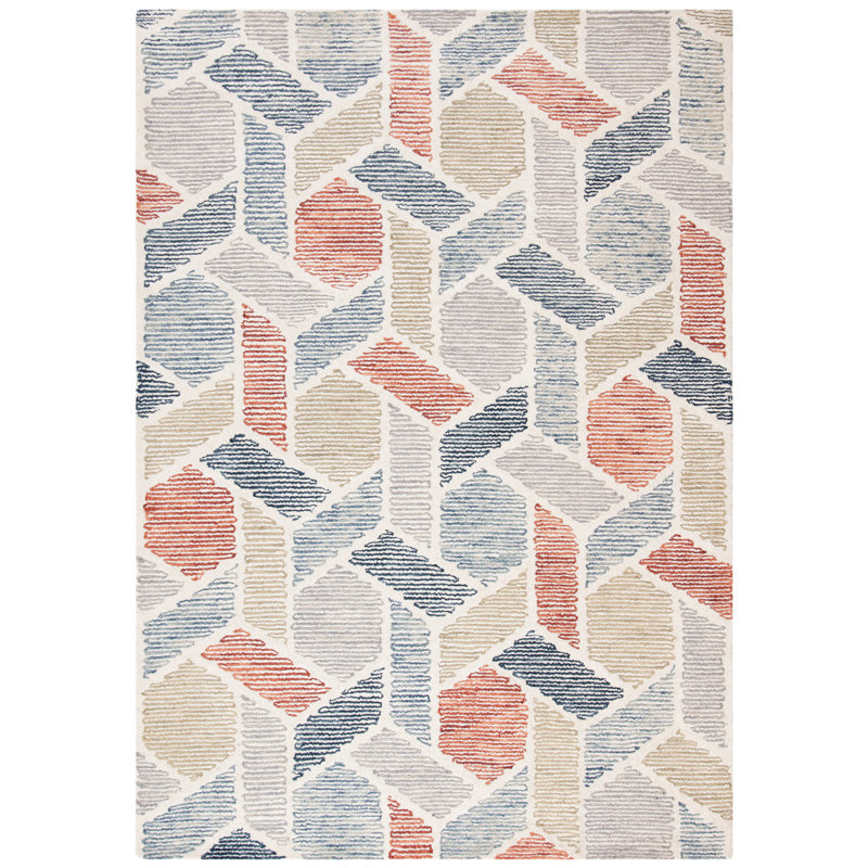 Milesburg Precious Hand Tufted Wool/Cotton Geometric Rug in Blue/Rust, Rectangle 5' x 8'