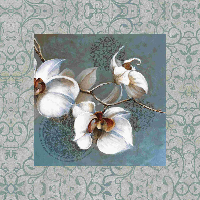Orchidées sur fond bleu - impression sur toile tendue, H 20 po x l 20 po