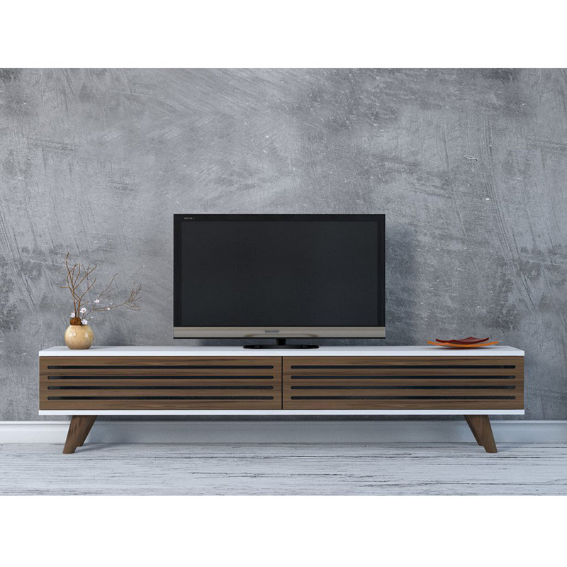Modern TV Stand with Solid Wood Door, Walnut & White, 63.0 x 15.7 x 9.8 inches | 100% Melamine Coated Particle Board, Thickness: 0.7 inches | Multiple Shelves & Additional Storage, Stylish Scandinavian Design