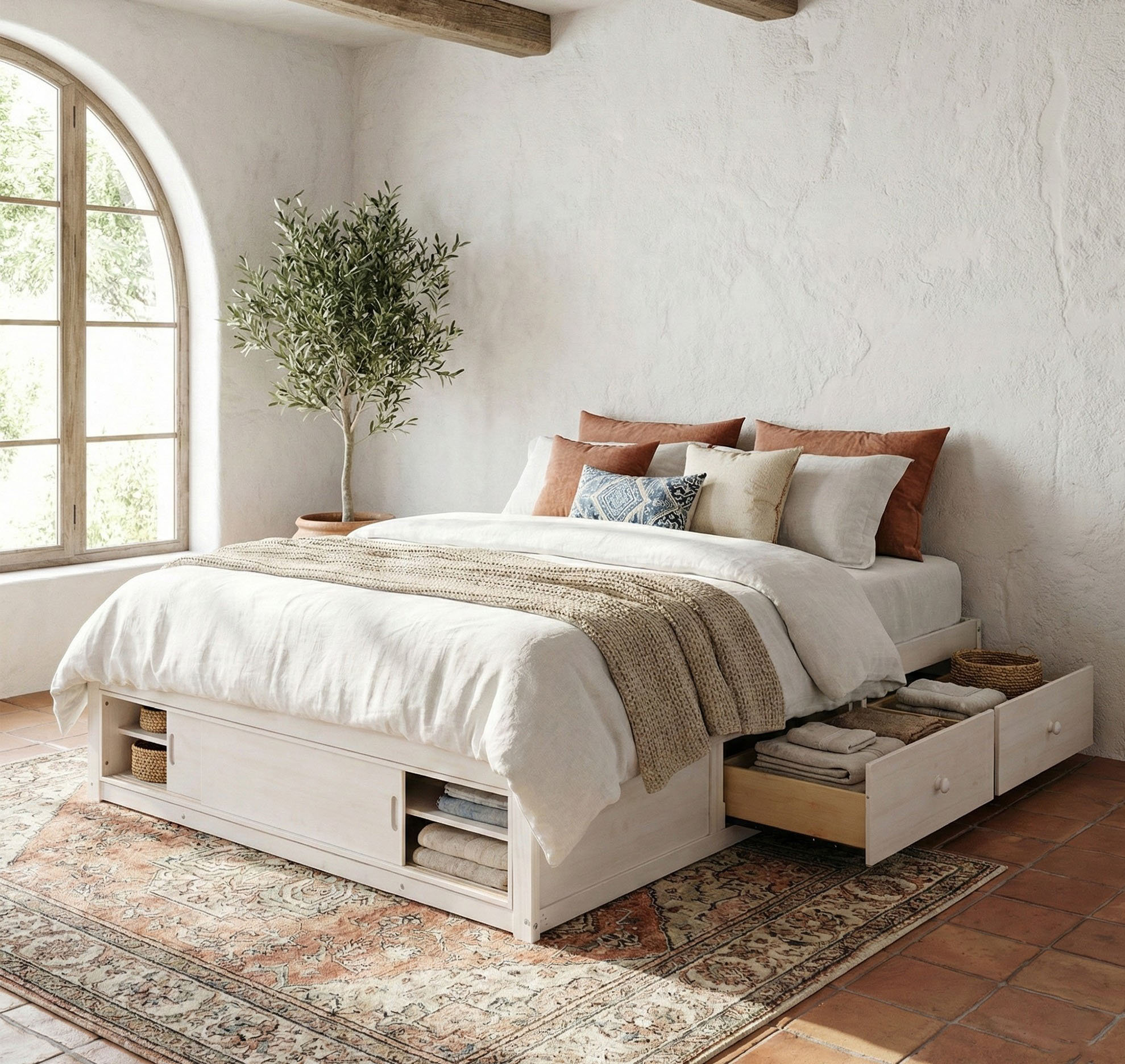 Ebern Designs Queen Size Platform Bed Frame With 4 Storage Drawers And ...