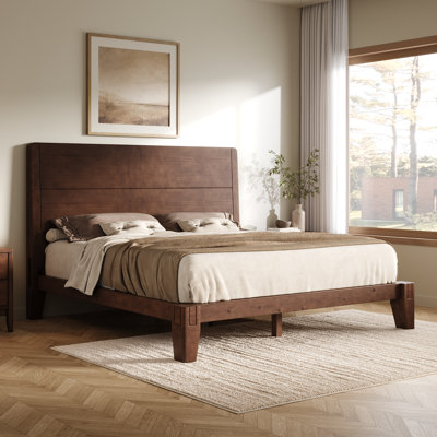 Lit plateforme Queen en bois massif avec tête de lit à panneaux et menuiserie japonaise, noyer