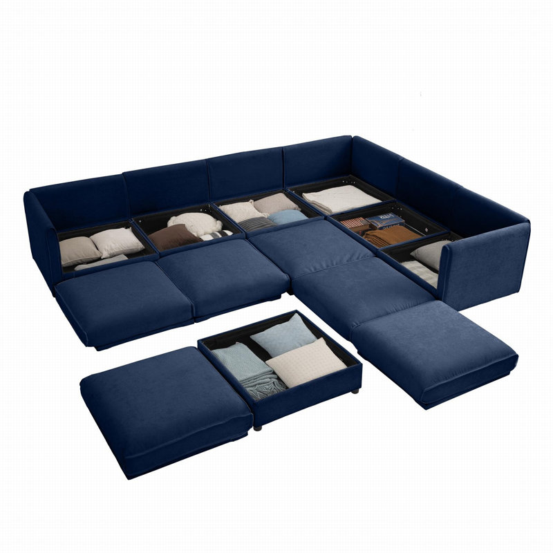 Solstice 142.5" 7-Piece Corner Sectional Chenille Sofa With Movable Ottoman, Blue Chenille