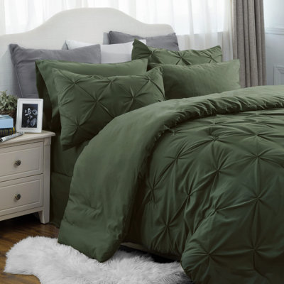 Bedsure Cal King Burgundy Pintuck Bed-in-a-Bag - Sage Green Pinch Pleat Comforter Set with Sheets, Pillowcases & Shams (Set of 7)
