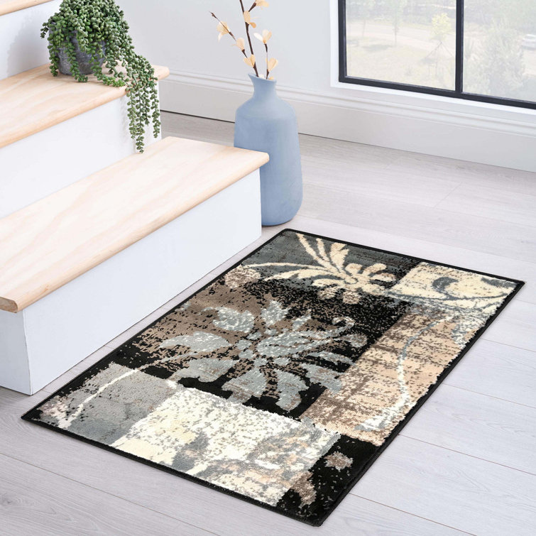 Rotonya Geometric Patchwork Pattern Floral Area Rug in Chocolate