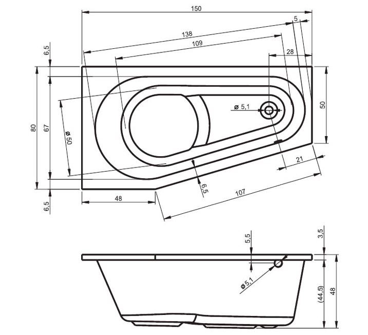 x 1350mm Soaking Acrylic Bathtub, 75cm H x 160cm L x 135cm D