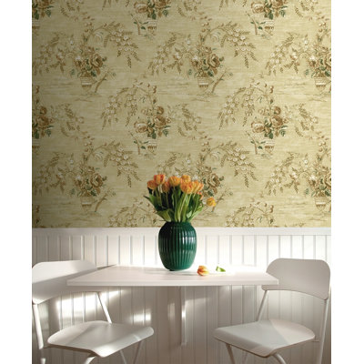 Seabrook Designs Metallic  & Café Carola Floral Vase Unpasted Wallpaper