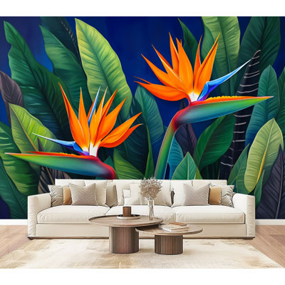 Papier peint adhésif à motif de fleurs tropicales, paradis floral et oiseaux hawaïens, décor mural H 69 po x l 96 po, papier peint amovible en PVC, adhésif pour chambre à coucher, bureau à domicile