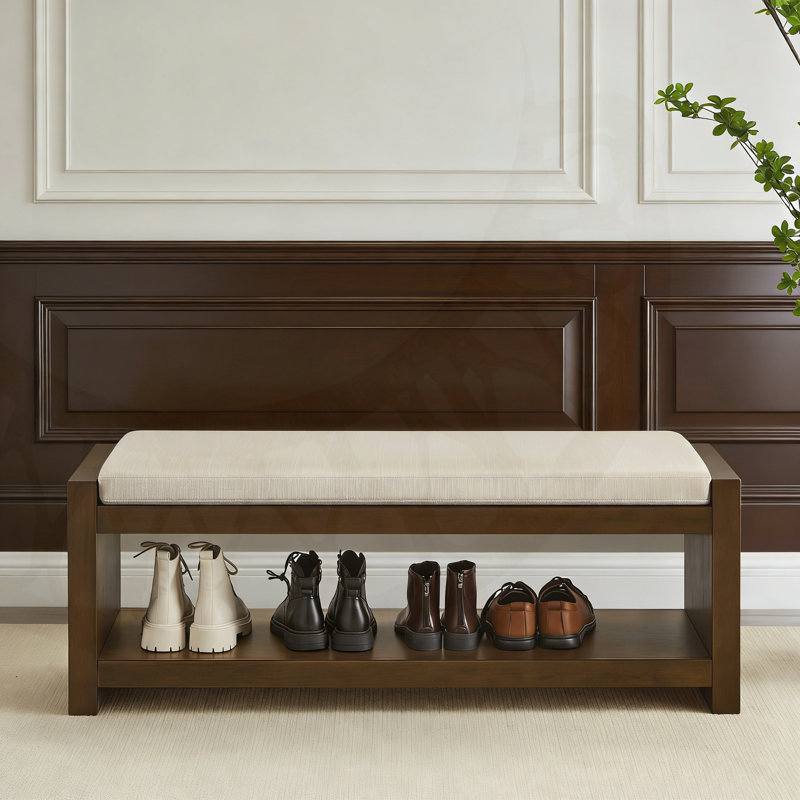 47-Inch Accent Bench With Lower Shelf Storage And Removable Cushion For Entryway Or Bedroom, Ivory