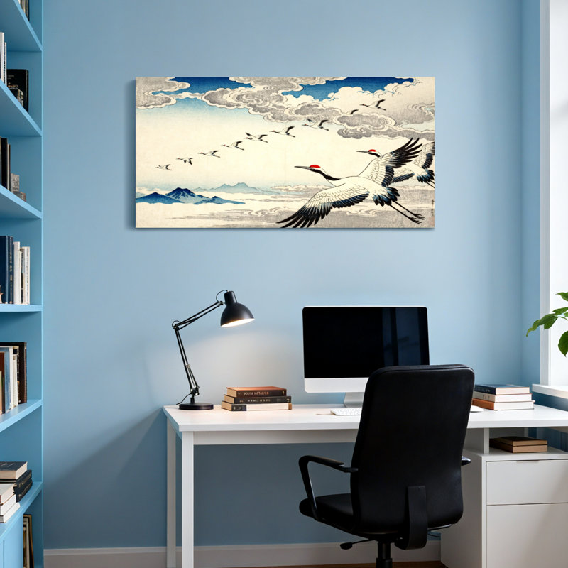 Paysage et nature, grues volantes, montagnes, ciel, impression d'art, H 24 po x l 48 po