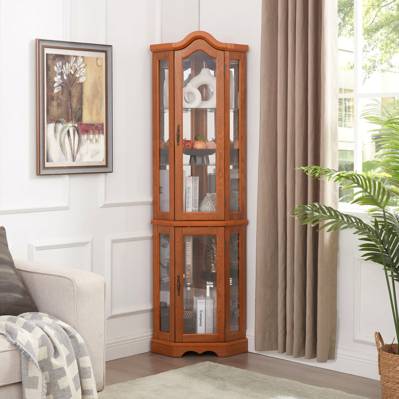 Corner Lighted Curio Cabinet Corner Glass Cabinet, Oak