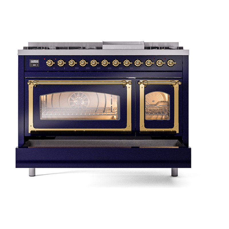 ILVE UN48FNMPEGG Nostalgie II Noblesse 48 inch Dual Fuel Range (8 Sealed Burners + Griddle, Triple Glass Door), Midnight Blue