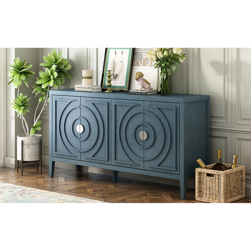 Antique Blue Retro Sideboard - Furniture For Living Area Round Handle Design Home Use Rounded Lines On Doors, Antique Blue
