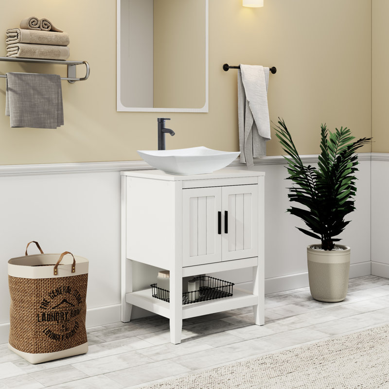 Ensemble de meuble-lavabo simple 24 po avec lavabo vasque, robinet et drain Sharee, assemblage requis, Blanc