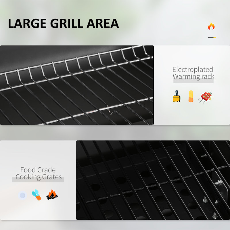 Barbecue au charbon de bois, cuiseur d'extérieur portatif pour le plaisir du camping et de la cour. Espace de cuisson de 21,75 po x 16,5 po, table d'appoint, rangement inférieur, roulettes, poignée, noir. Relevé de température précis avec