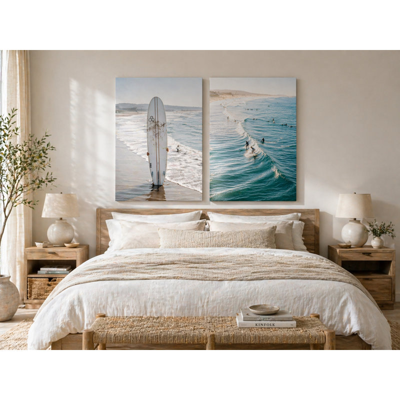 Ensemble de 2 impressions sur toile côtières, vagues de l'océan et planche de plage, art mural moderne neutre pour le salon, la chambre et la salle de bain
