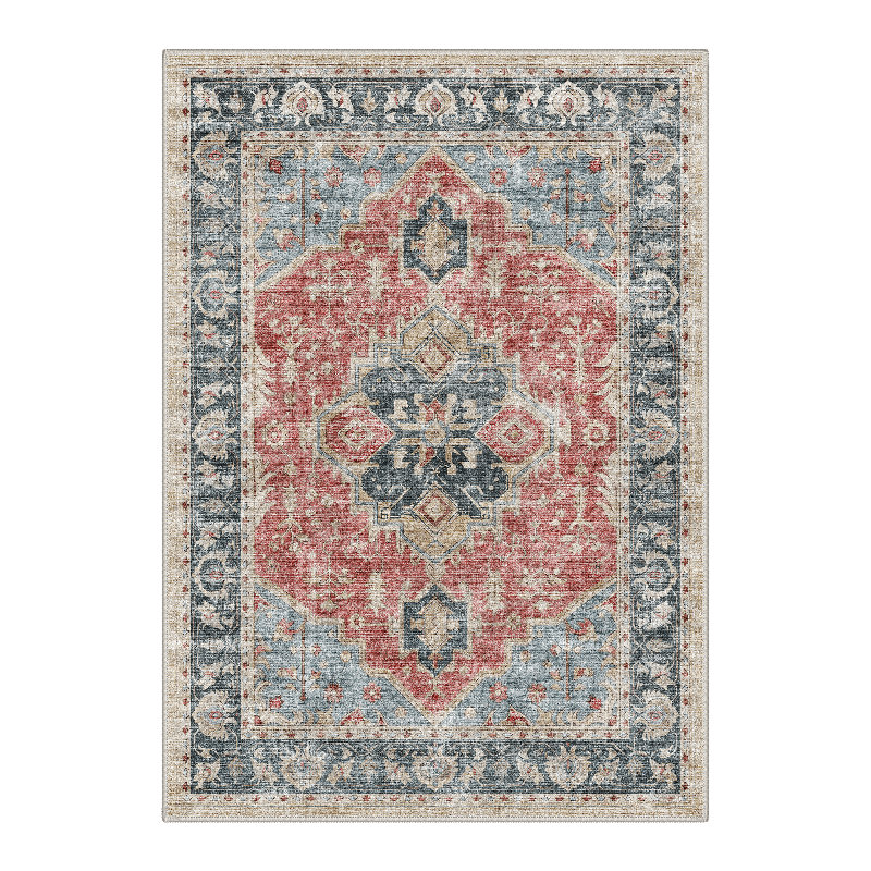 Marrakesh Vintage Floral Machine Washable Blue / Red Indoor Area Rug with Non-Slip Backing, Rectangle 6' x 9'