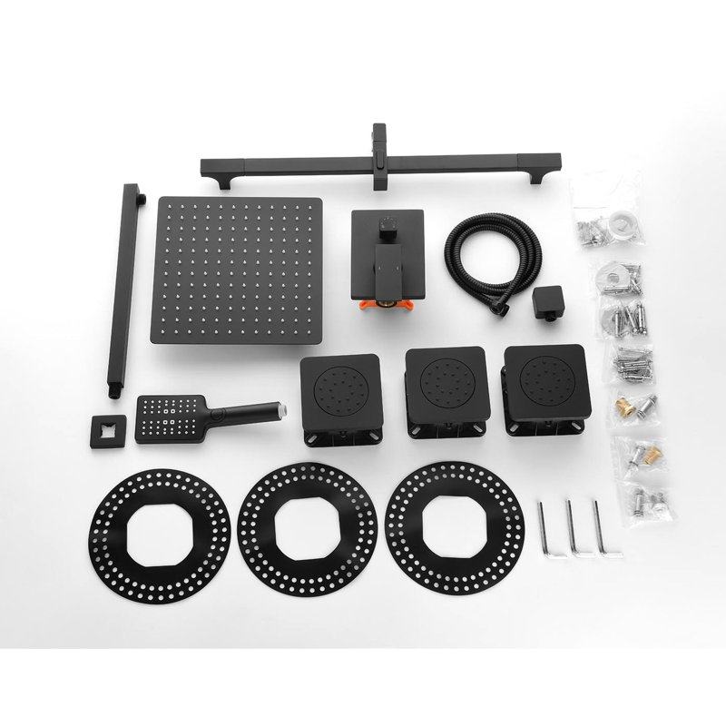 Bathroom Shower System In Matte Black With Efficient Water Spray: Head, Hand Shower, Slide Bar, Bodysprays, Arm, Hose, Valve Trim Assembly Components - Head