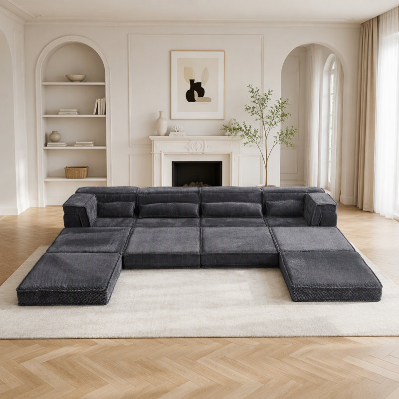Canapé à compression, canapé-lit convertible au sol, canapé modulaire désossé bricolage, aucun assemblage requis, tissu polaire circulaire, surdimensionné à 3 places avec 1 repose-pieds, gris foncé