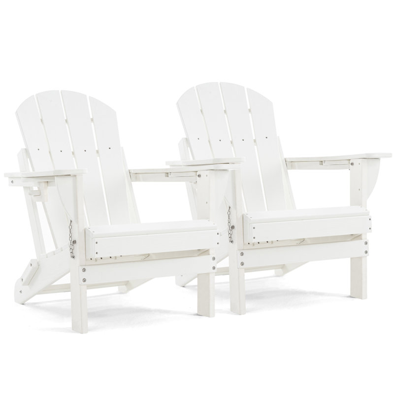 Set of 2 Folding Adirondack Chairs with Cup Holders, Weather-Resistant HDPE Outdoor Lounge Seating, White