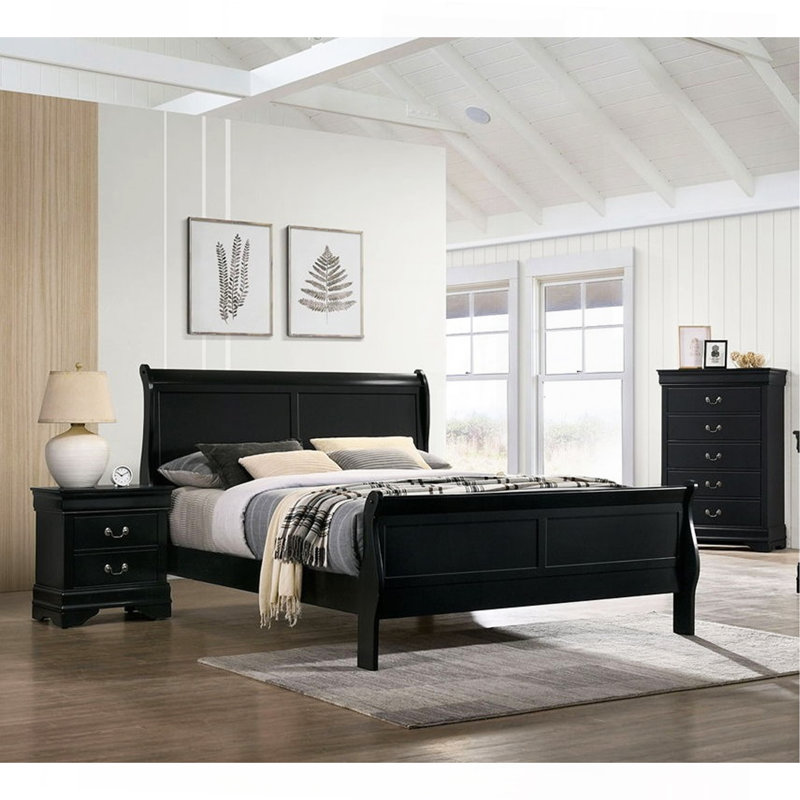 Lit en bois massif noir 1pc, Lit simple