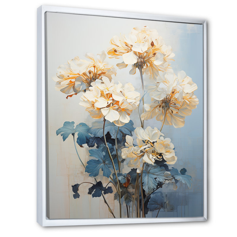 Minimalisme blanc et bleu géraniums II sur toile, Cadre flottant blanc, H 32 po x l 16 po x P 1 po