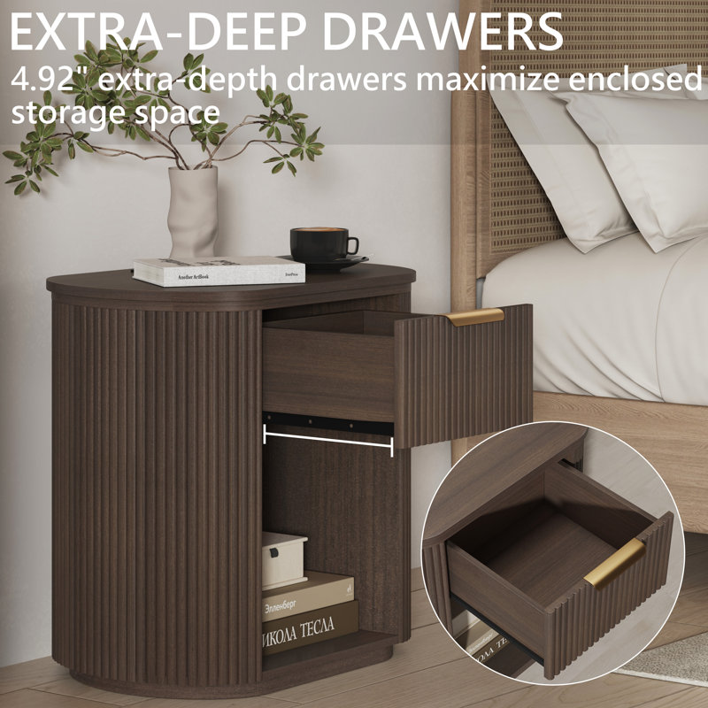 Reeded Nightstand With 1 Drawer, Open Shelf Storage Built-in Outlets USB Type-C Charging Station Set of 1, Individual