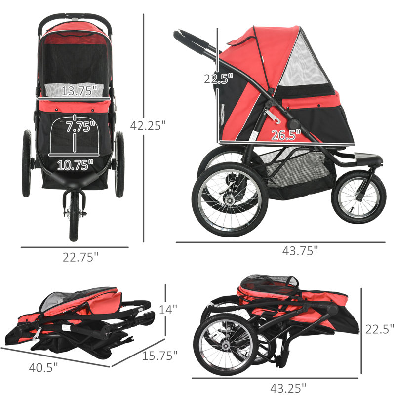 Poussette pliable pour animaux de compagnie de petite et moyenne taille, rouge, 3 grandes roues, avec plateau de rangement auvent réglable rouge, canines