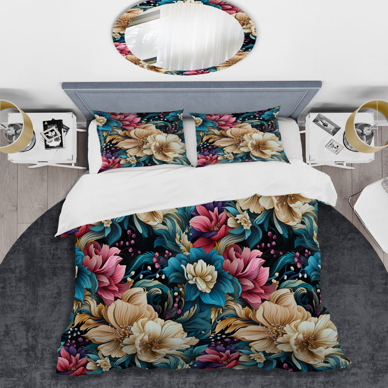 Motif floral rétro I - ensemble de housse de couette floral - microfibre de polyester