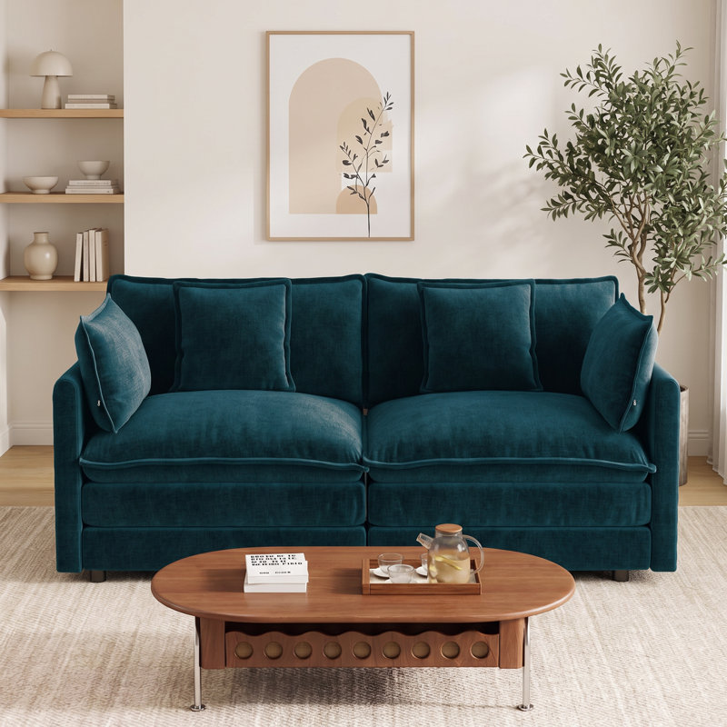 Canapé moderne en chenille avec 4 coussins - assise profonde, structure en bois massif, Chenille bleu