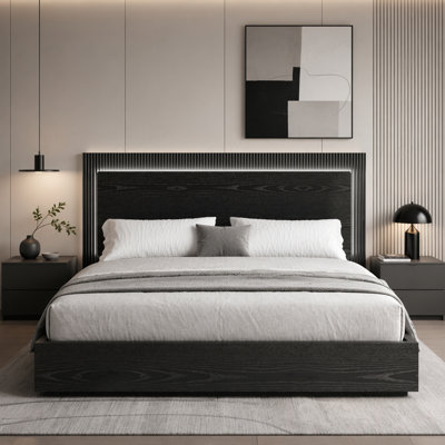 Platform Bed Frame with Headboard and LED Light, Wood Slat Support,King