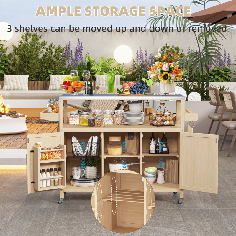 50'' Outdoor Solid Wood Kitchen Island Cart, Rolling Bar Cart, Grill Cart, Farmhouse Outdoor Grill Table With Stainless Steel Top, Spice Rack, Towel Rack For Kitchen&Bbq