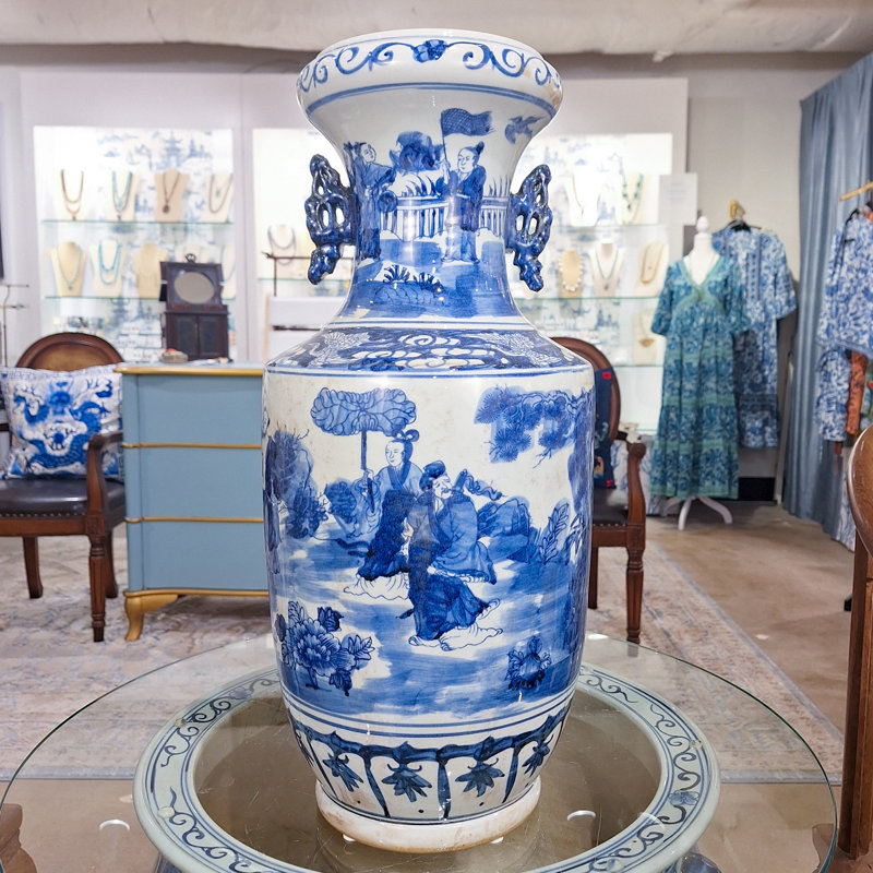Blue and White Tall Vase with Handles