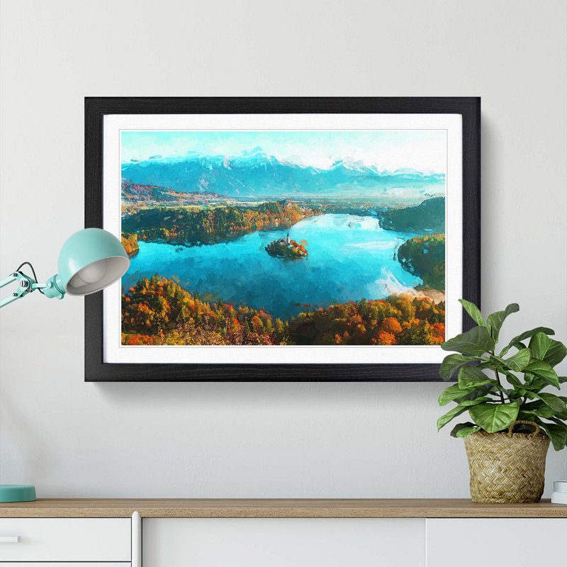 Lake Bled in Slovenia in Abstract - Picture Frame Graphic Art Print on MDF, Black, 50cm H x 76cm W x 2cm D