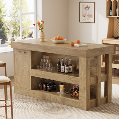 Table de bar 55 "avec armoire de rangement cachée, comptoir de bar maison de campagne avec tablettes ouvertes
