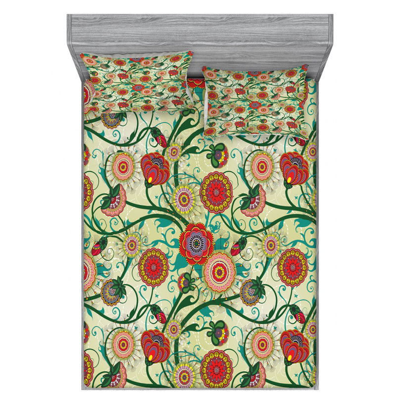 Microfiber Floral Sheet Set, Queen Sheet Set + Fitted Sheet + 2 Pillowcases