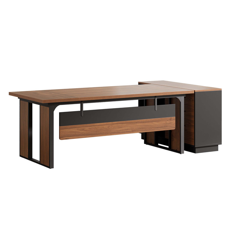 Bureau de direction en L de 63 pouces avec classeur de 47 pouces, bureau d'ordinateur moderne avec tiroirs et tablettes de rangement ouvertes, mobilier de bureau professionnel pour bureau à domicile