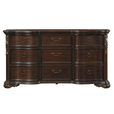 Commode 9 tiroirs avec pilaster sculpté et pieds de support, brun cerise