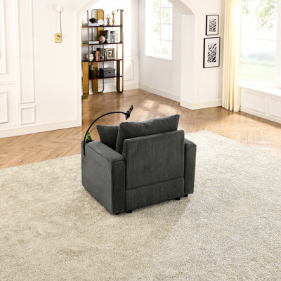 Fauteuil de salon en velours côtelé gris, coussin de 8 po, organisateur d'accoudoirs avec coussin de support de téléphone