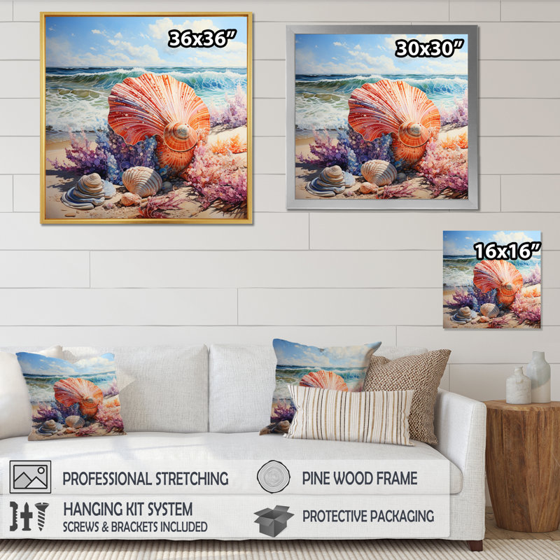 «Beach Seashell Symphony Pointillism», reproduction sur toile, Cadre simple noir, H 24 po x l 24 po x P 1 po