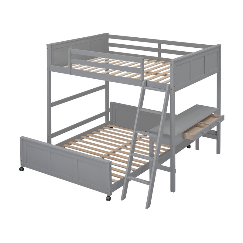 Lit double superposé au dessus d'un lit double avec bureau, gris, Gris
