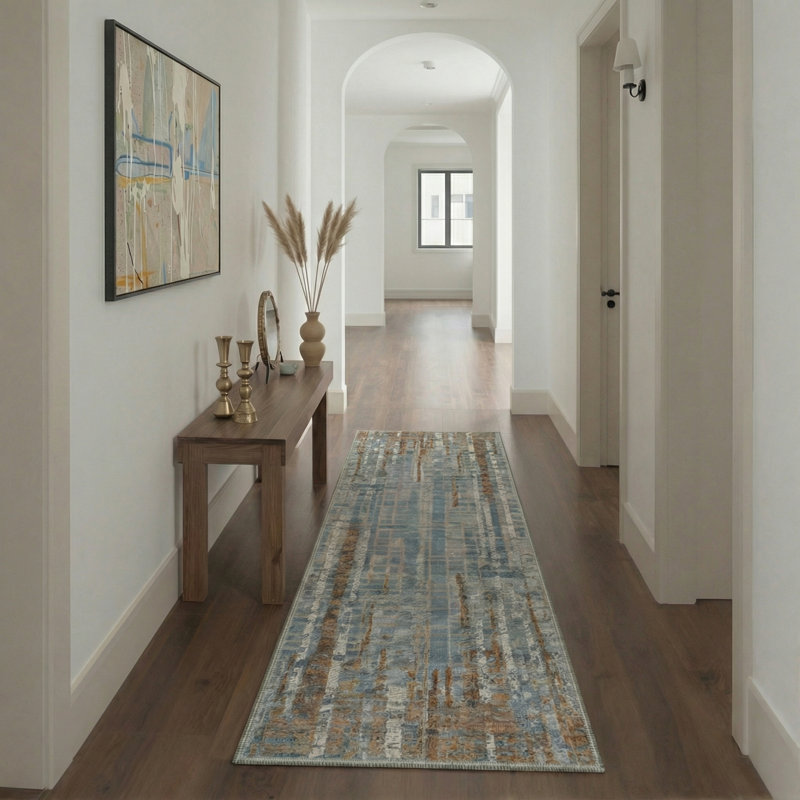 Aura Modern Abstract Machine Washable Blue / Brown / Beige Indoor Area Rug with Non-Slip Backing, Runner 2' x 6'