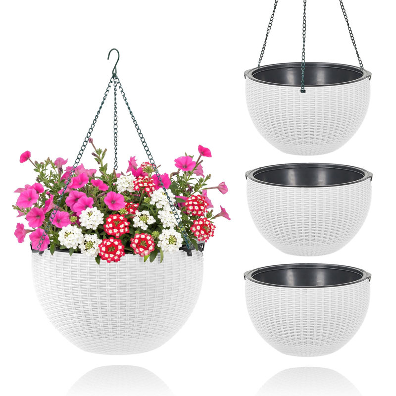 13.8 Inch Self Watering Hanging Planter, 4PCS Round Resin Hanging Basket for Indoor Outdoor Plants, Rattan Look Flower Pot with Drainage Plug, Deep Inner Pot and Sturdy Metal Triple-Chain Hanger