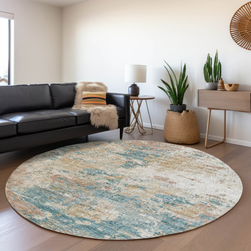 Premium Machine Washable Hintzen AMF69 Teal Rug, Round 8'
