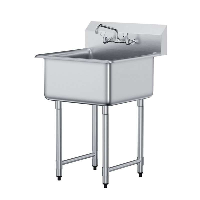 Évier de préparation et utilitaire en acier inoxydable, petit évier autoportant à 1 compartiment avec robinet et pieds, éviers à simple cuve 27 po x 41 po pour garage