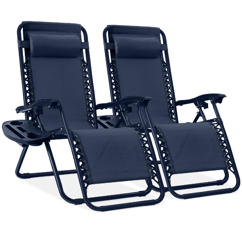  Set Of 2 Zero Gravity Lounge Chair Recliners For Patio, Pool W/ Cup Holder Tray - Navy, Blue